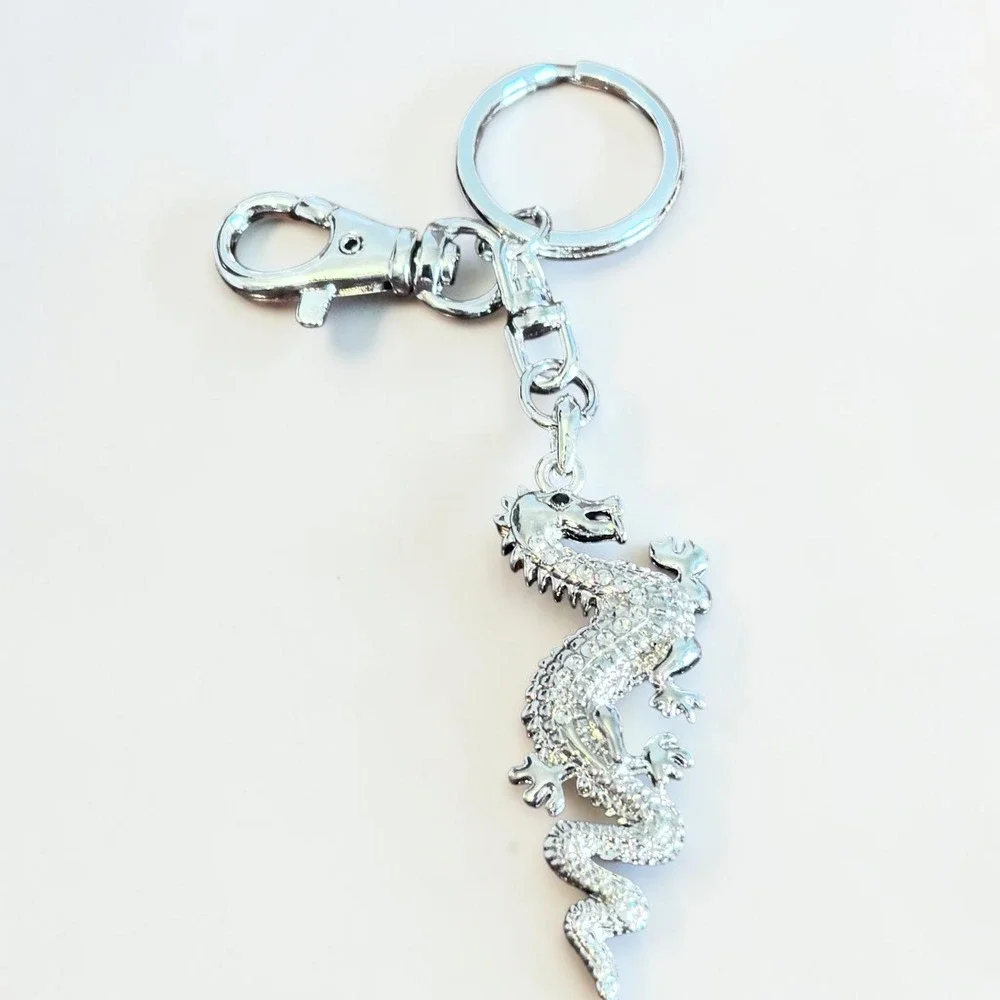 Silver Tone Dragon Keychain Rhinestone Crystal Bag Charm Lobster Clasp Accessory